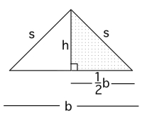 En likebeint trekant med sidene s og basis b. Høyden h er midtnormalen på basisen og deler basisen i to der hver av delene er (1/2)b. Høyden står også normalt på basisen og gir en rettvinkel. Nå ser vi på den høyre mindre trekanten som har katetene h og (1/2)b og hypotenus s.